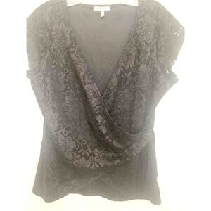 Maurices Black Blouse Long Large Faux Wrap Lace Deep V Neck Sexy Glam Romantic